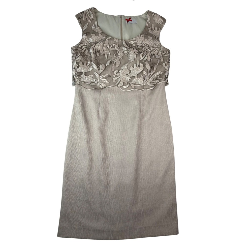 Sonia Pena Embroidered Sheath Dress Champagne Silver MOB Quiet Luxury‎ Formal 12